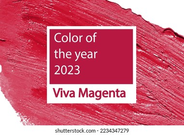 Viva magenta trending color of 2023. Vector lipstick smear isolated on white background