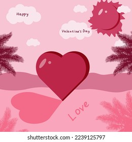 Viva magenta valentines Day greeting card with the image of a heart on the ocean, with palm trees, clouds and the sun and the inscription happy Valentine's day.