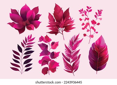 viva magenta watercolor leaves and flowers floral arrangement set