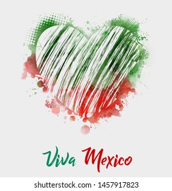 Viva Mexico - abstract painted watercolor splashes heart in Mexico flag colors. Holiday background template