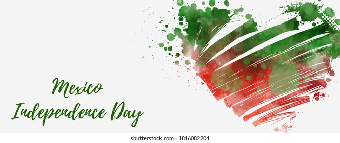 Viva Mexico - abstract painted watercolor splashes heart in Mexico flag colors. Holiday background template. Mexico Independence day.