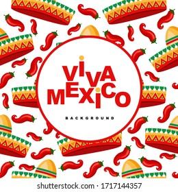 Viva Mexico background. Frame. Seamless pattern with sambrero and chili pepper on white. Applicable for flyers, parcels, posters, invitations, cards, covers. Vector illustration.