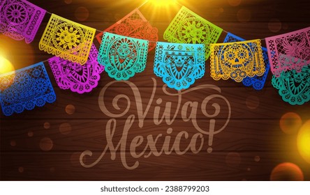 Viva Mexico background with paper cut mexican papel picado flags. Vector garlands of color paper flags with ethnic patterns, Mexico Independence Day, Cinco de Mayo and Day of the Dead holidays banner