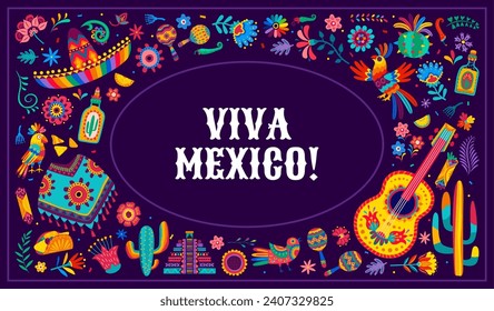 Viva Mexico banner with alebrije traditional festive items. Vector background with sombrero, birds, tropical flowers and guitar. Maracas, cacti, tequila, pyramid and tex mex food, taco or nachos