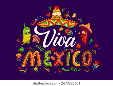 Viva Mexico banner with colorful, festive decorations, cartoon chili pepper characters wearing sombreros, vibrant patterns and traditional latin elements, celebrating Mexican culture and festivities