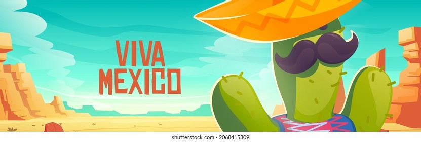 Viva Mexico banner with cute cactus in sombrero in desert. Vector poster with cartoon sand desert landscape with stones and funny cactus character with mustache and mexican hat