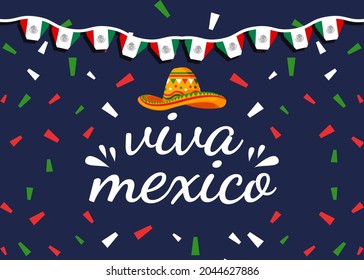 viva Mexico banner with hang flag Mexico and sombrero hat. translation: "long live mexico"