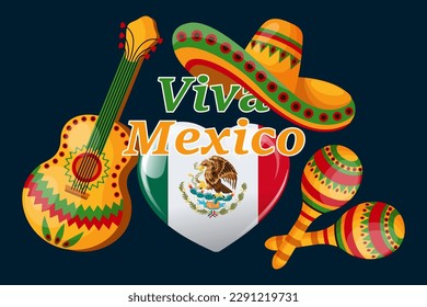 Viva mexico banner, heart shaped mexico flag, maracas, sombrero and guitar on dark background. Poster, vector