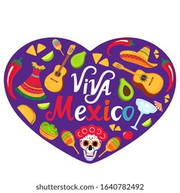 Viva Mexico banner. Independence day. Sombrero, guitar, sugar skull, cactus, guacamole, tacos. Decorations for national Mexican celebrations. Cinco de Mayo. Day of the Dead