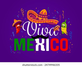 Viva Mexico banner with jalapeno pepper characters wearing sombrero or poncho and flashing joyful smiles, celebrate Mexican heritage with a spicy twist under the falling confetti, vector greeting card