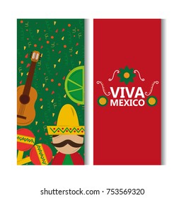 viva mexico banner man mexican guitar lemon culture vector illustration