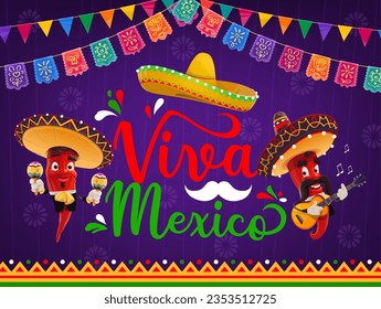 Viva Mexico banner with mariachi pepper musician characters, sombrero hats and papel picado flags, cartoon vector. Mexican holiday fiesta funny chili peppers playing mariachi with guitar and maracas