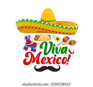 Banner con sombrero mexicano, pinata, comida y bigotes. Caricatura vectorial símbolos latinos tradicionales. Burrito, aguacate, pimienta jalapeno roja, maracas para la fiesta de Fiesta