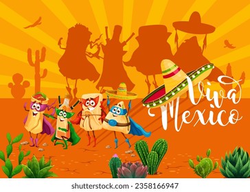 Viva Mexico banner with mexican tex mex characters in the desert. Cartoon food superhero personages inviting for holiday celebration. Tamales, tequila, quesadilla, burrito defenders in masks and capes