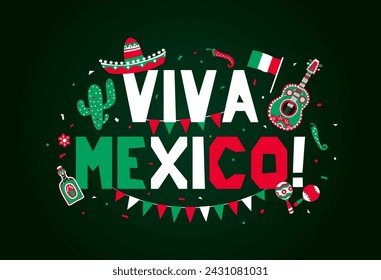 Viva Mexico banner for national Mexican Independence Day with sombrero, tequila and maracas, vector flags. Mexico Independence day holiday celebration banner with Mexican flag, maracas and peppers