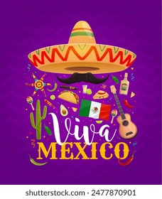 Viva México Anuncio con sombrero, guitarra y tequila para la fiesta de vacaciones de México, fondo de Vector. Cartel Viva México con chile y jalapeño, cactus y bandera mexicana con taco y quesadilla