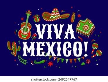 Viva México Anuncio con sombrero, guitarra y pimientos para la fiesta de vacaciones de México, fondo de Vector. Cartel Viva México con adorno mexicano de poncho, maracas y cactus con pimientos jalapeños