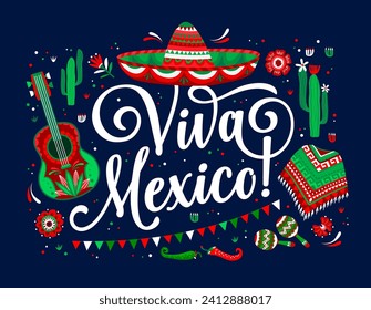 Viva Mexico banner with sombrero hat, mariachi guitar and poncho, vector background. Mexican holiday fiesta banner with chili and jalapeno peppers, cactus and flowers or papel picado flags