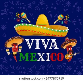 Viva Mexico banner with sombrero hat, chili pepper musicians and vector pinatas for national Mexican Independence Day. Mexican holiday fiesta, cartoon mariachi peppers with guitars and maracas