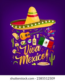 Viva Mexico Banner mit sombrero, Tex Mex Essen und Flagge. Latin-Kultur-Party-Poster mit nationaler Flagge, Mahlzeiten und Tequila, Gitarre- und Maracas-Musikinstrumente, Viva-Mexiko-Slogan Typografie