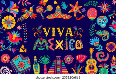 Viva mexico banner. Tropical flowers, mexican sombrero and maracas, pinata and hummingbirds, guitar and poncho, tequila and pyramids. Vector background, capturing vibrant essence of mexican culture