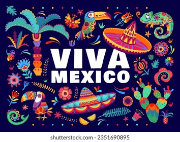 Viva mexico banner with tropical flowers, cactuses and chameleons, mexican sombrero hat and toucans. Vector background, capturing vibrant essence of mexican culture, celebrating special occasion