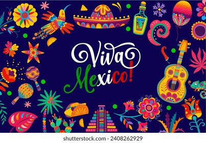 Banner con flores tropicales, sombrero mexicano y cocina de tex. Afiche del Día de la Independencia Nacional. Tarjeta de saludo vectorial con colibrí, pirámide, guitarra y maracas con tequila o pinata