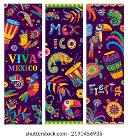 Viva Mexico, brazilian and mexican fiesta holiday banners with bright color vector pattern of animals, flowers and drums. Chameleons, toucans, parrots and turtles, gecko lizards and tropical plants