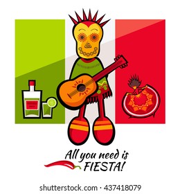 Viva Mexico bright poster design with funny skull with guitar. Cinco De Mayo Fiesta ad, signage, card, invitation. Mexican Fiesta party placard, banner. Vector illustration 