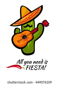 Viva Mexico bright poster design with modern funny cactus with a guitar. Cinco De Mayo Fiesta ad, card, invitation, t-shirt print, template. Mexican party placard, banner. Vector illustration 