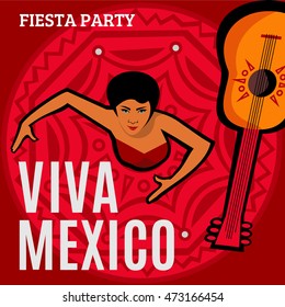 Viva Mexico bright poster design. Mexican dancing girl in traditional red costume. Cinco De Mayo Fiesta ad, signage, card, invitation. Mexican party placard or banner. Vector illustration