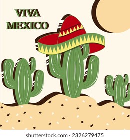 Viva Mexico card with Cartoon Cactus in Sombrero in the Desert. Funky Cacti in 90s, 00s style. Retro Mexican Independence Day banner with Cactus. Vector flat art.