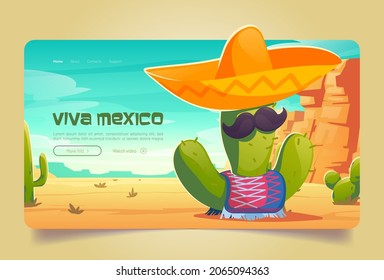 Viva la página de aterrizaje de caricaturas en México, cactus mexicanos graciosos con bigotes en sombrero y poncho en el paisaje del desierto. Fiesta tradicional latinoamericana o fiesta de fiesta concepto, vectorial banner web