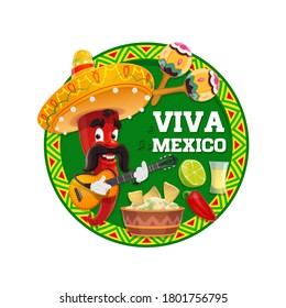 Viva Mexico cartoon vector of red chilli pepper character with Mexican sombrero hat, guitar and maracas, fiesta party avocado guacamole, nachos, jalapeno and tequila with lime. Greeting card design