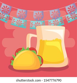 viva mexico celebration with beer in jar and taco food vector illustration design