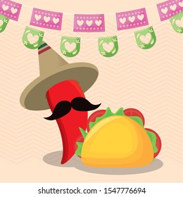 viva mexico celebration with chili pepper and taco food vector illustration design