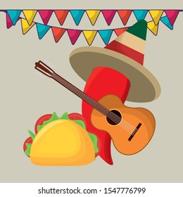 viva mexico celebration with chili pepper and icons vector illustration design