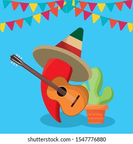 viva mexico celebration with chili pepper and guitar vector illustration design
