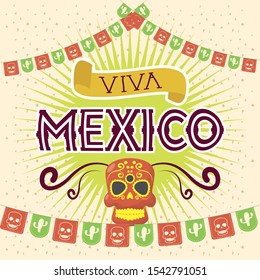 viva mexico celebration with death mask vector illustration design