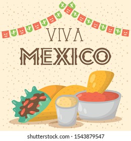 viva mexico celebration with food and sauces vector illustration design