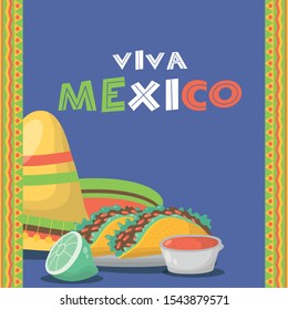 viva mexico celebration with food and sauces vector illustration design