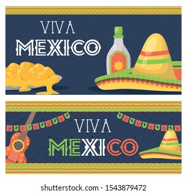 viva mexico celebration with food and tequila bottle vector illustration design