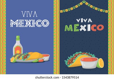 viva mexico celebration with food and tequila bottle vector illustration design