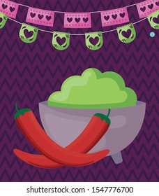 viva mexico celebration with guacamole and decoration vector illustration design