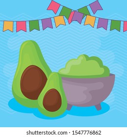 viva mexico celebration with guacamole and decoration vector illustration design