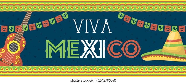 viva mexico celebration with guitar and hat vector illustration design