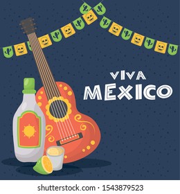 viva mexico celebration with guitar and tequila vector illustration design