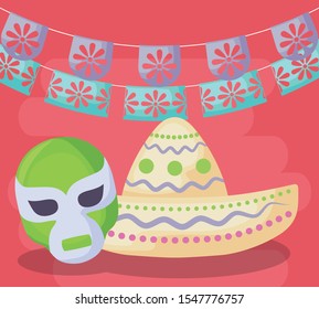 viva mexico celebration with hat traditional and mask fighter vector illustration design