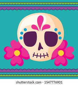 viva mexico celebration with skull with flowers vector illustration design