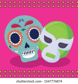 viva mexico celebration with skull and mask fighter vector illustration design